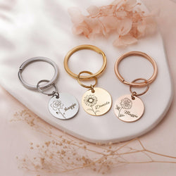 Custom Birth Flower and Name key chain Birth Flower Jewelry.