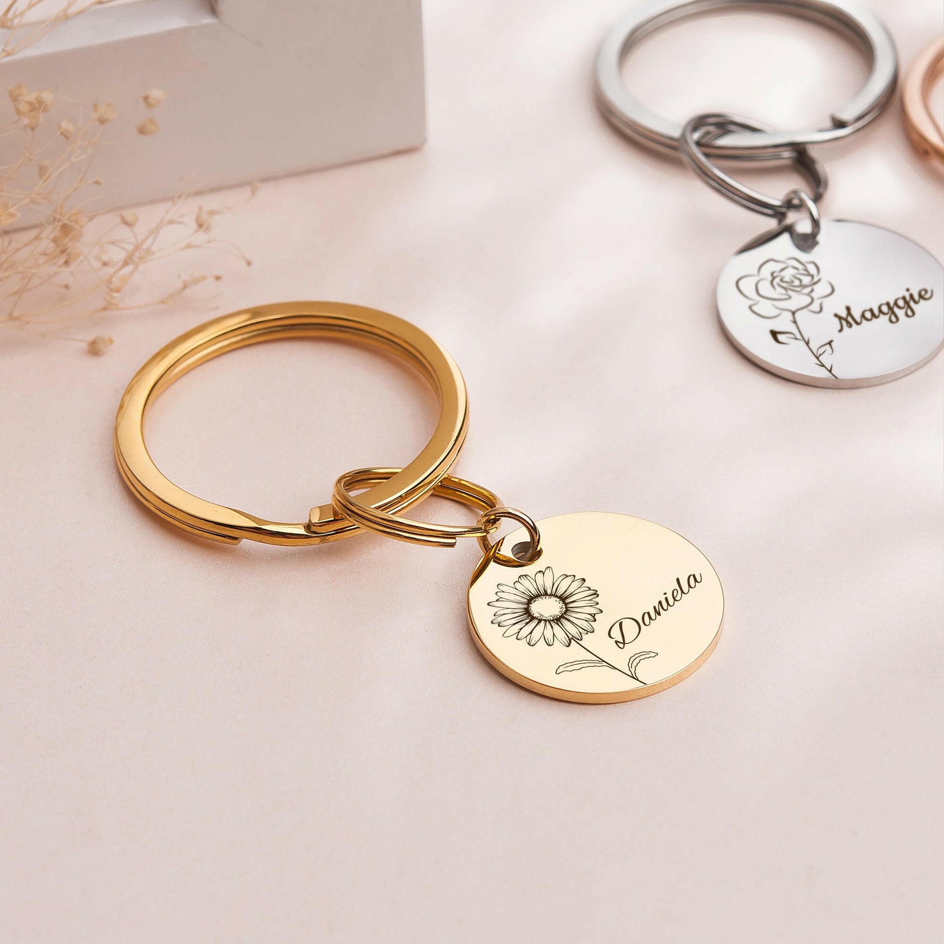 Custom Birth Flower and Name key chain Birth Flower Jewelry.