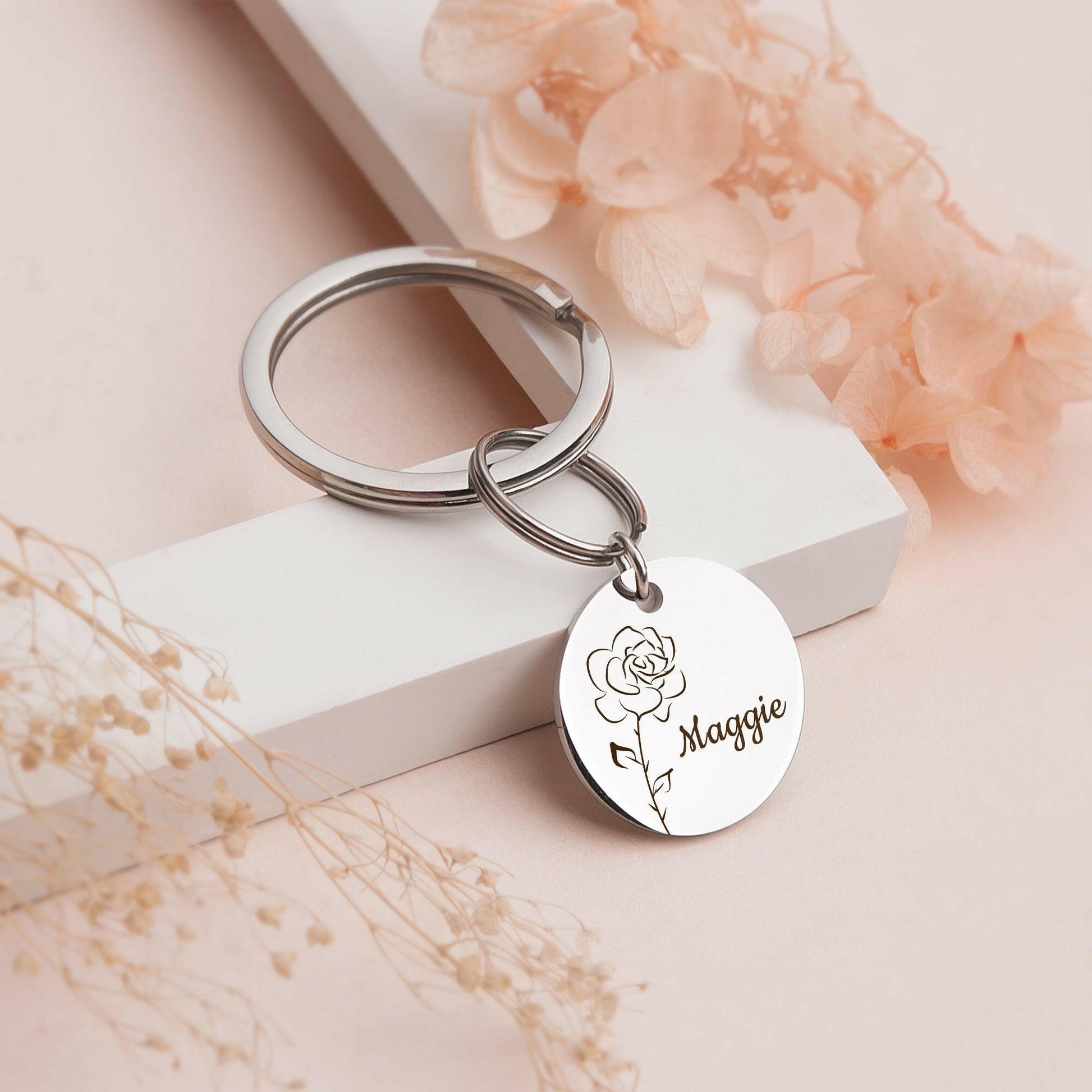 Custom Birth Flower and Name key chain Birth Flower Jewelry.