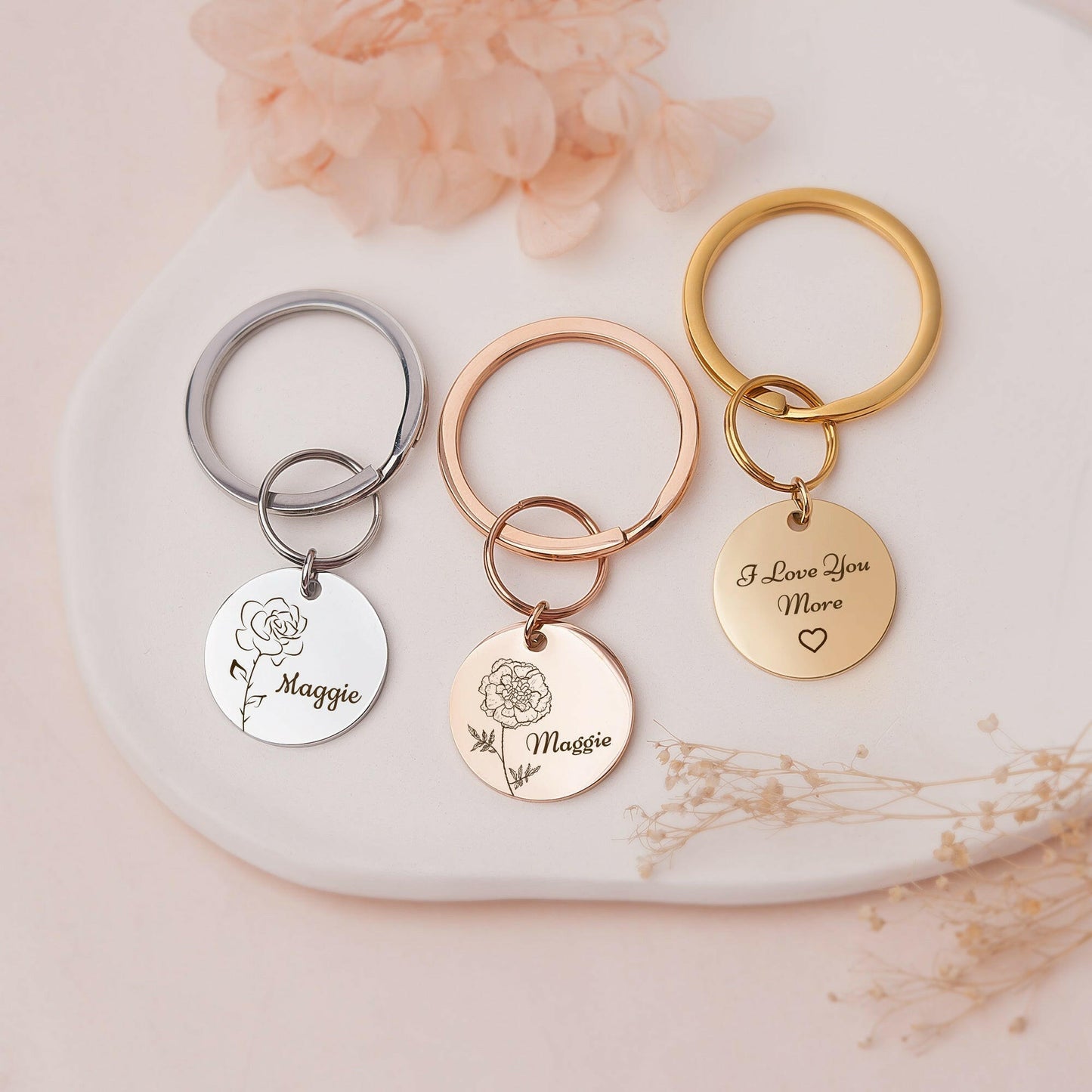 Custom Birth Flower and Name key chain Birth Flower Jewelry.