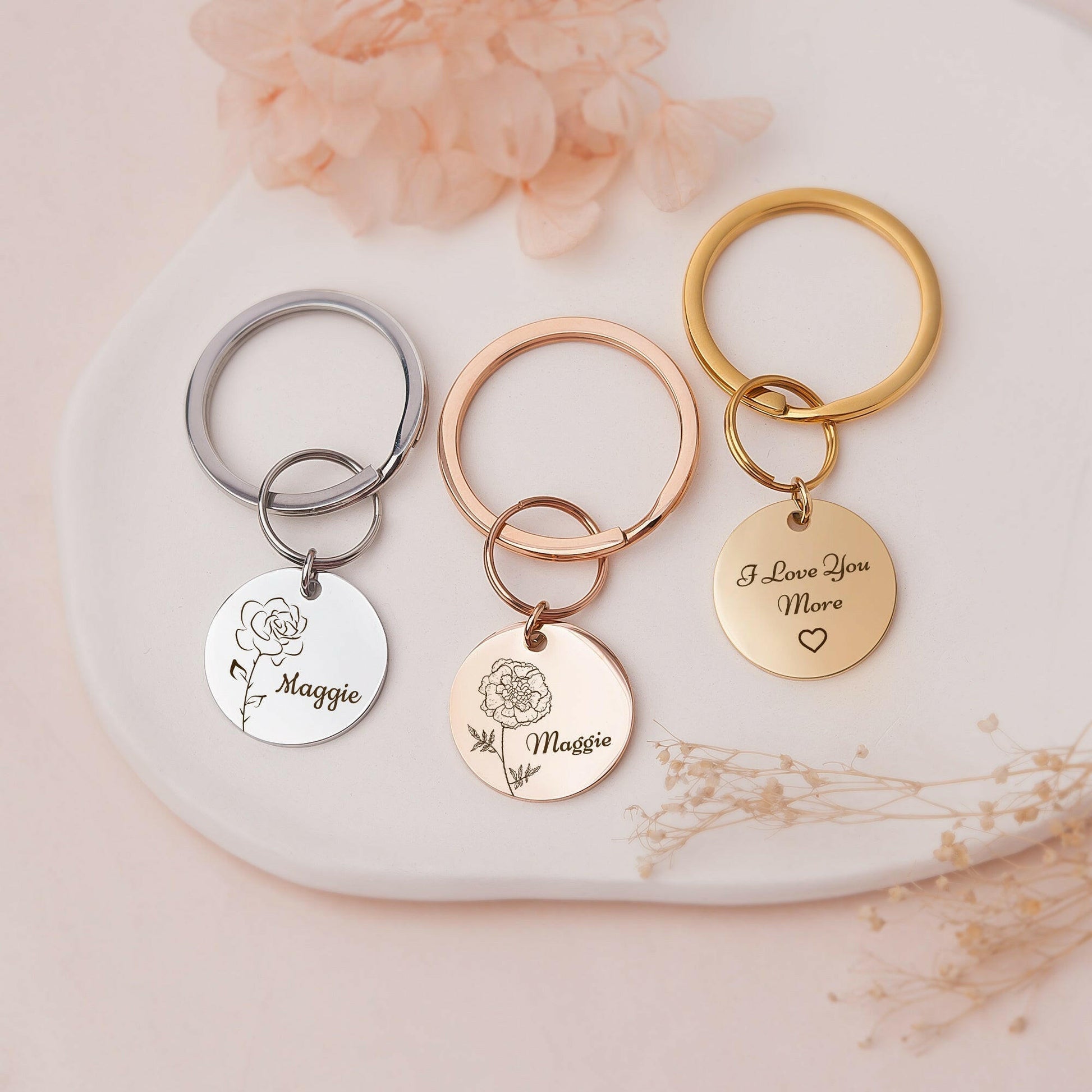 Custom Birth Flower and Name key chain Birth Flower Jewelry.