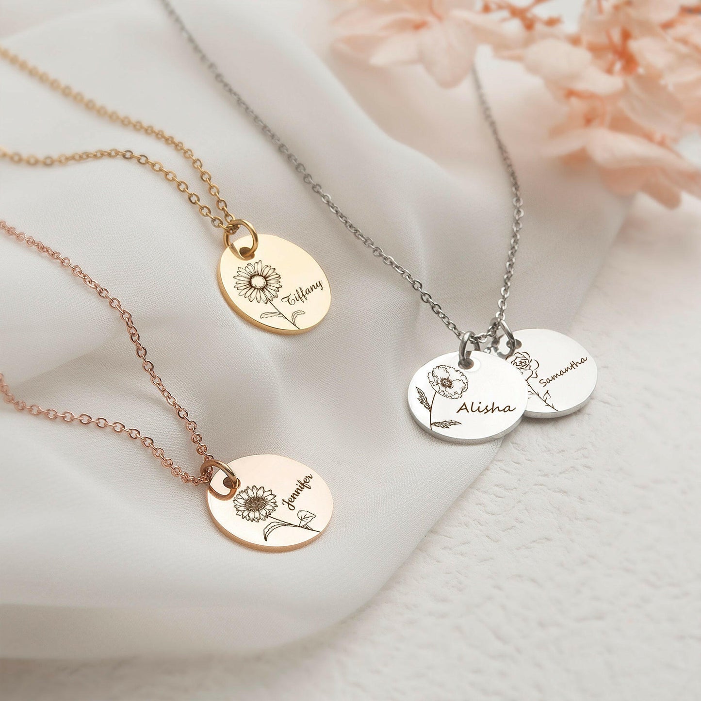 Custom Birth Flower Necklace with Name Birth Flower Jewelry.