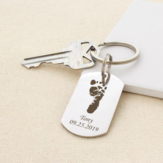 Custom Foot Finger Print with Name Date Birthday Presents Gifts for Dad key chain.