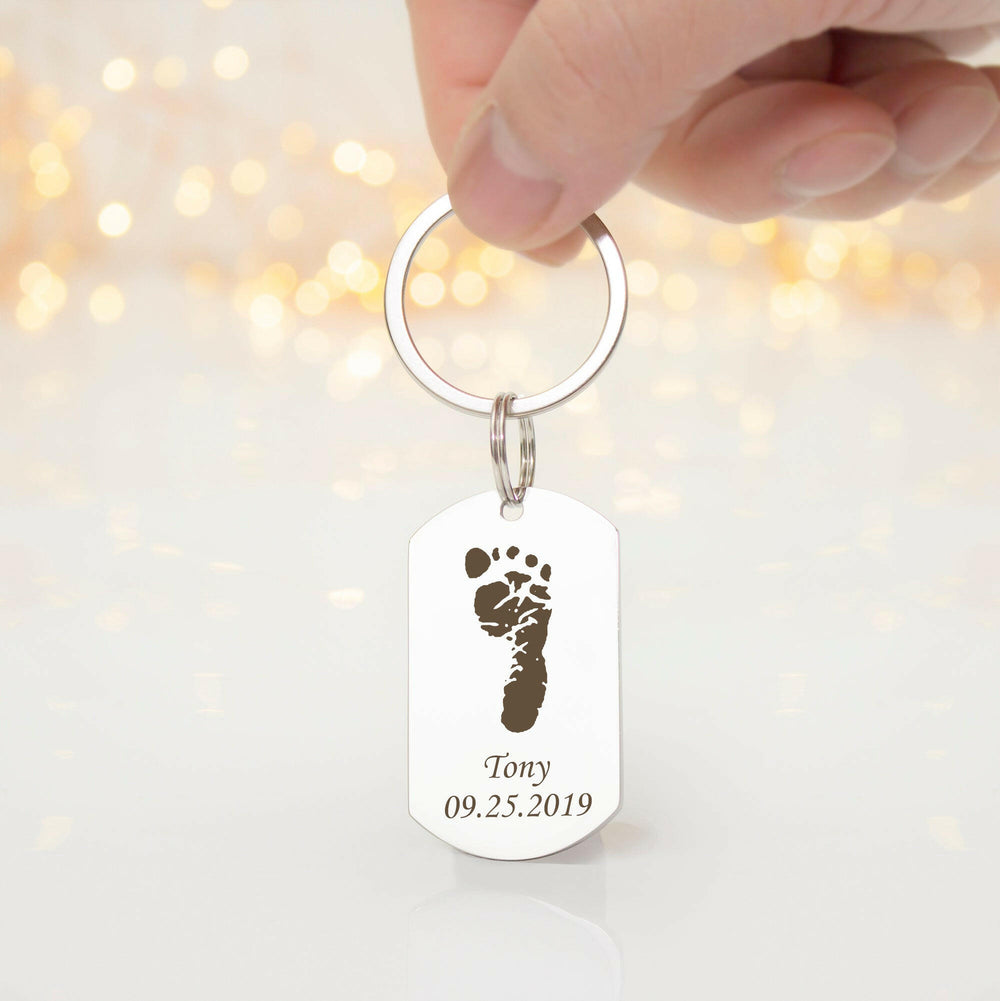 Custom Foot Finger Print with Name Date Birthday Presents Gifts for Dad key chain.