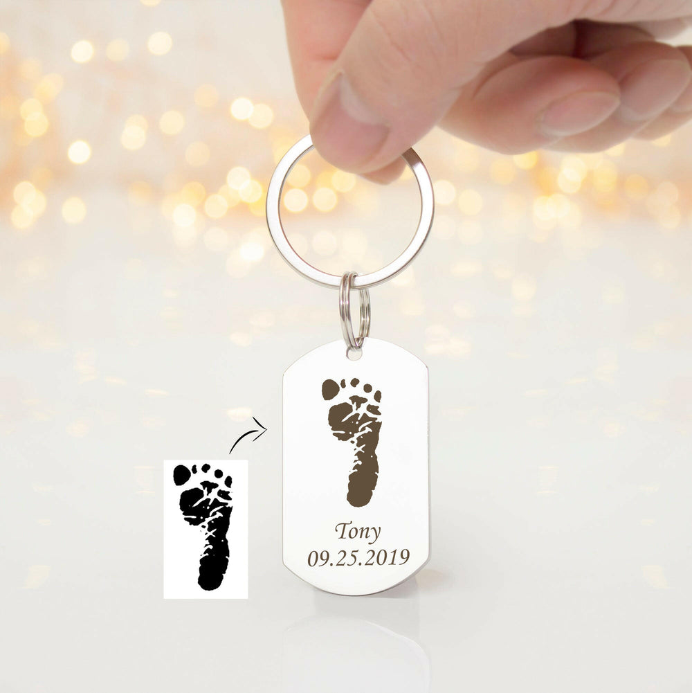 Custom Foot Finger Print with Name Date Birthday Presents Gifts for Dad key chain.