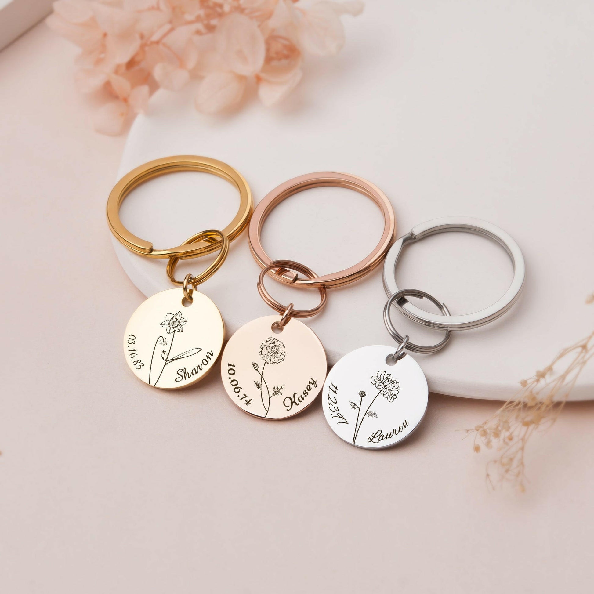 Custom Name and Birth Flower Key Chain Birth Flower Jewelry.