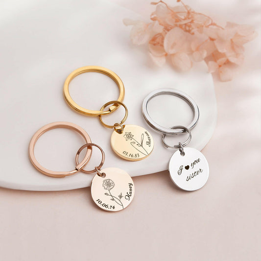 Custom Name and Birth Flower Key Chain Birth Flower Jewelry.
