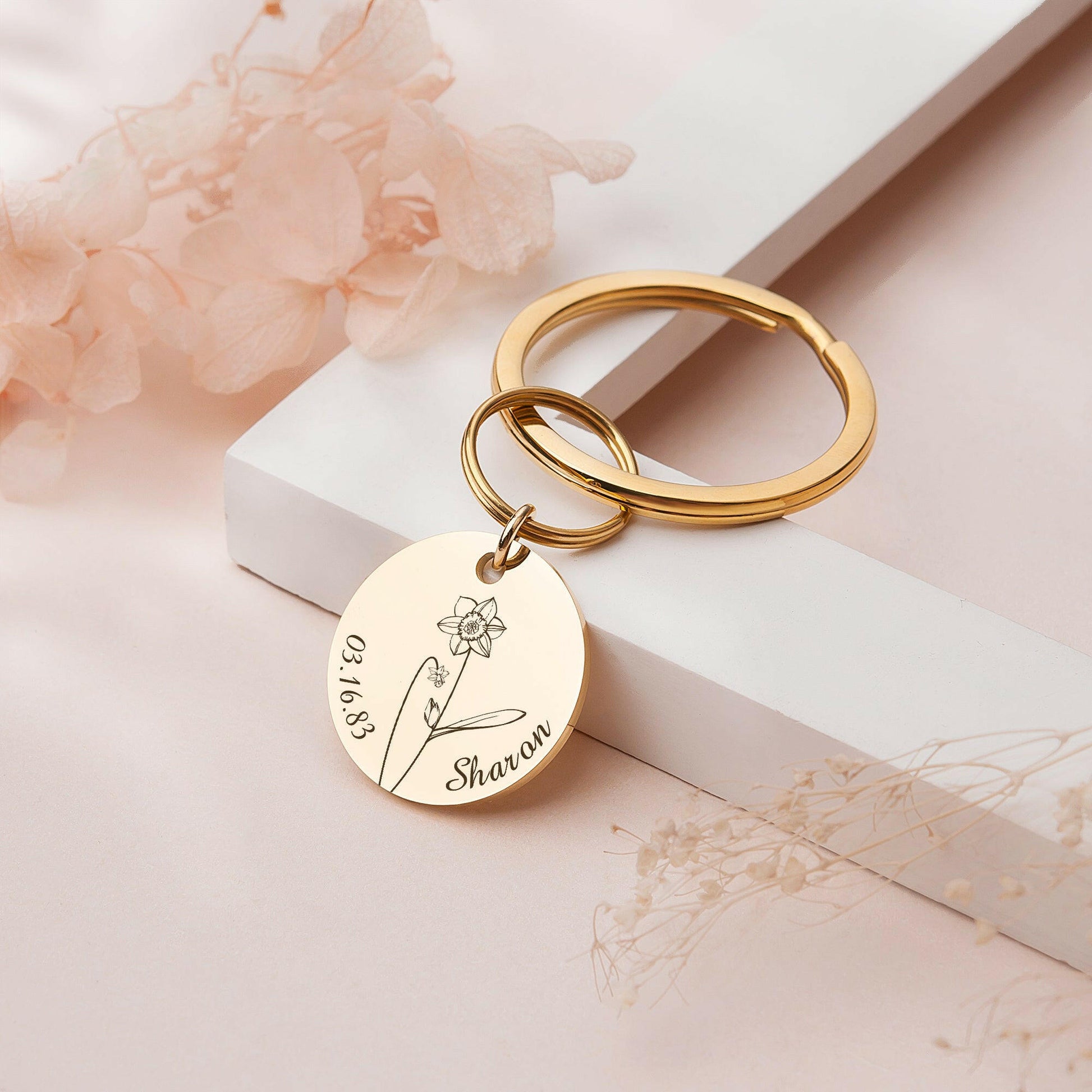 Custom Name and Birth Flower Key Chain Birth Flower Jewelry.