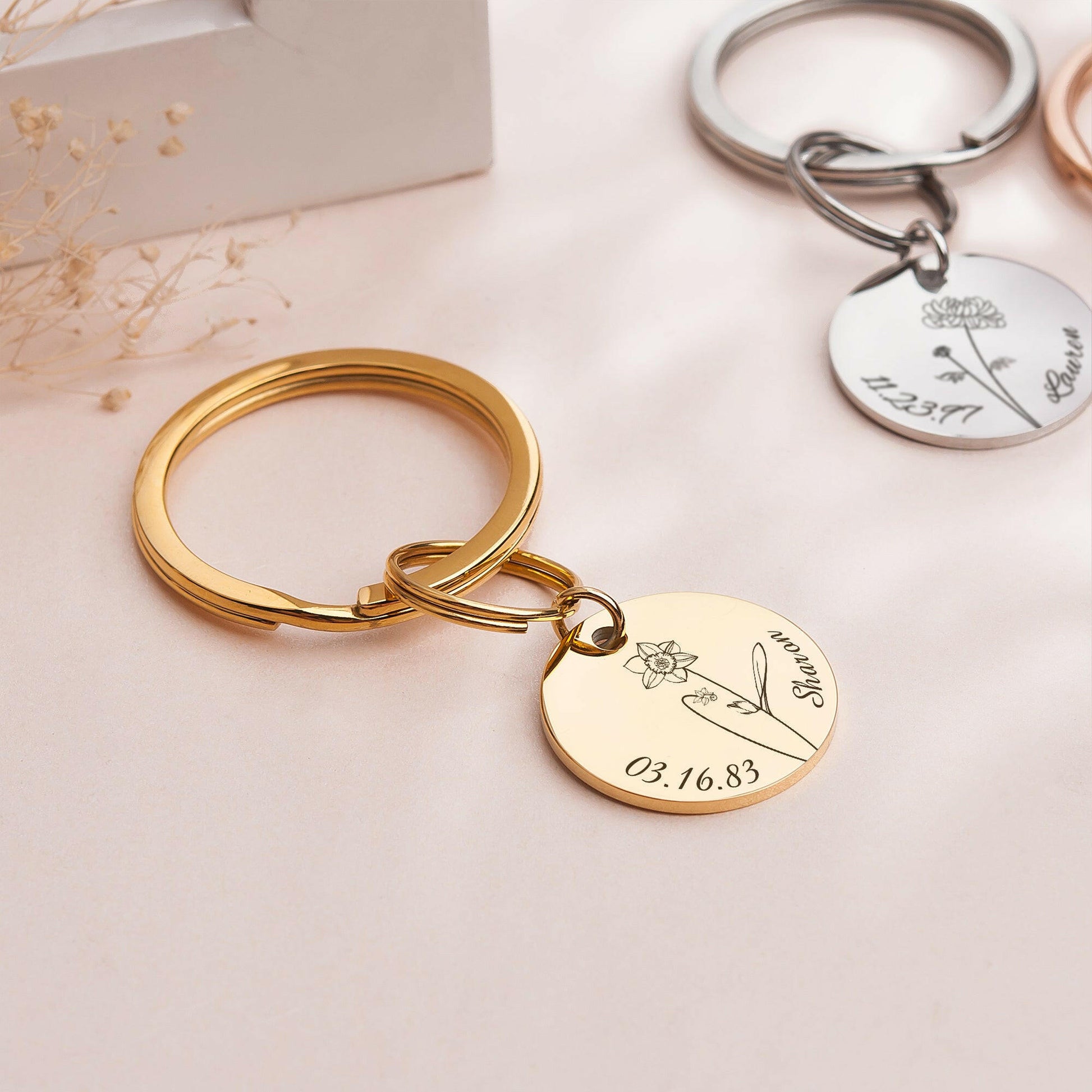 Custom Name and Birth Flower Key Chain Birth Flower Jewelry.