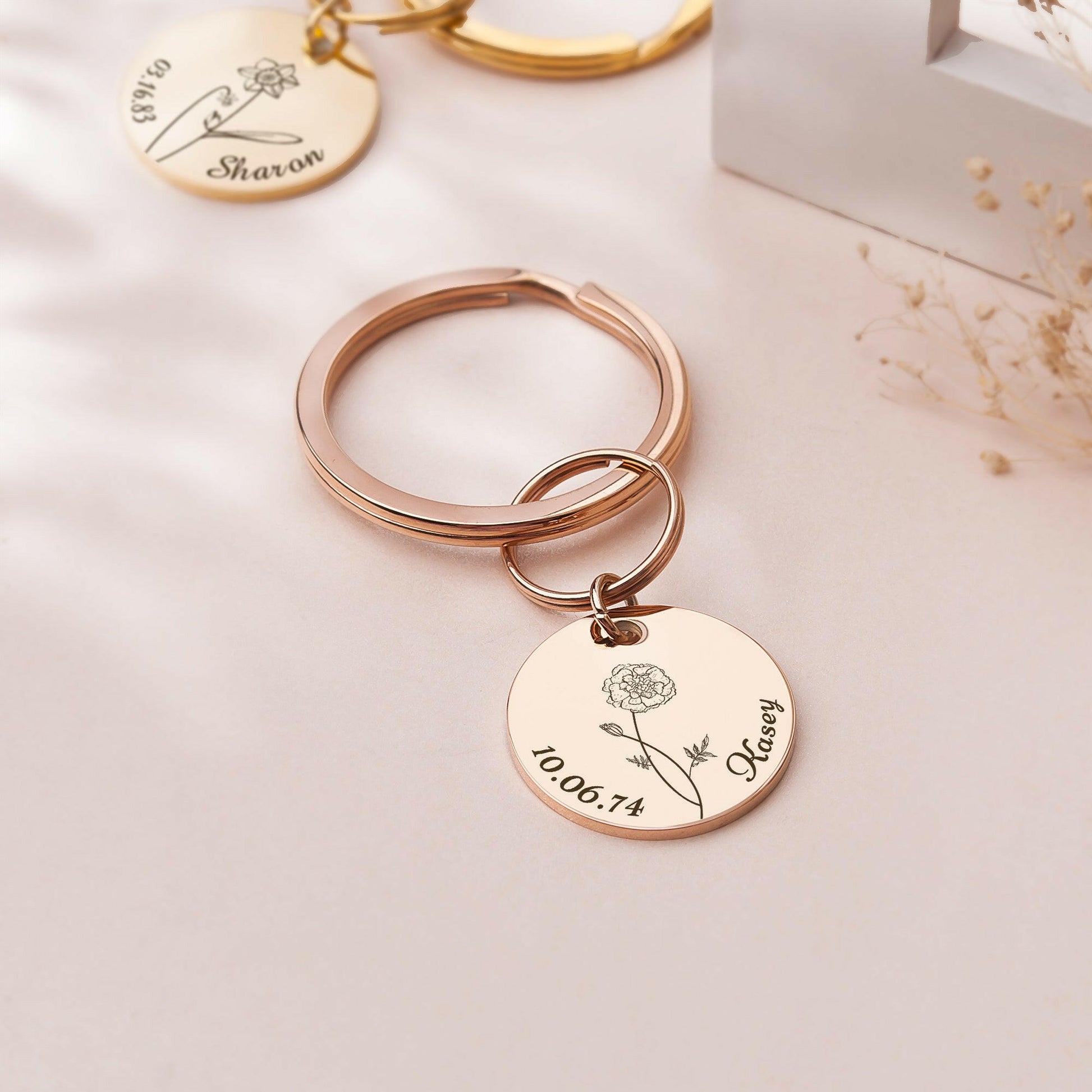 Custom Name and Birth Flower Key Chain Birth Flower Jewelry.