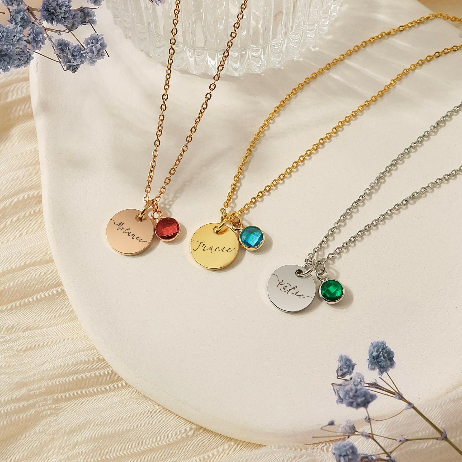 Custom Name Birthstone Charm Necklace Birth Flower Jewelry.