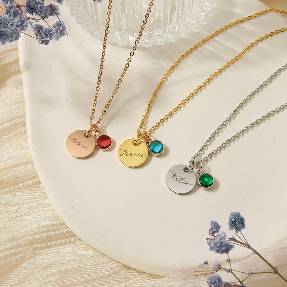 Custom Name Birthstone Charm Necklace Birth Flower Jewelry.