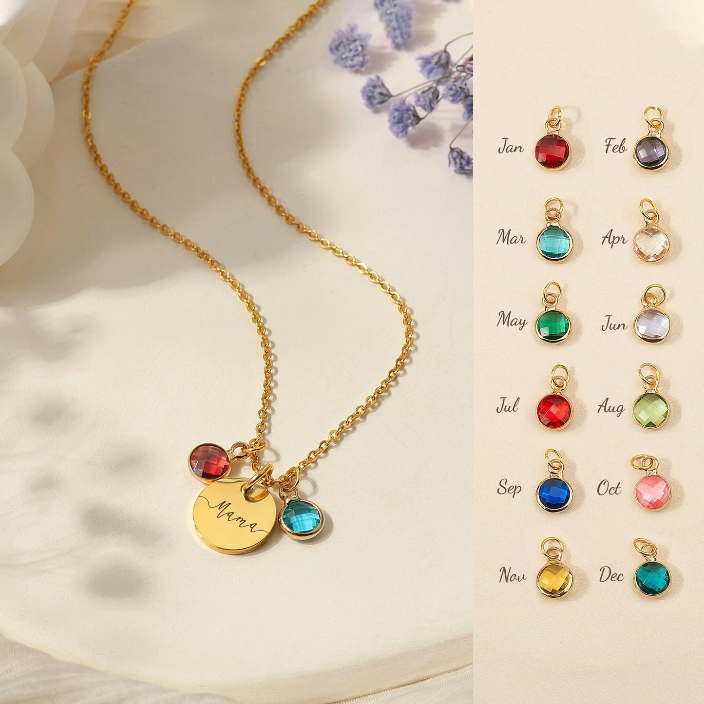 Custom Name Birthstone Charm Necklace Birth Flower Jewelry.