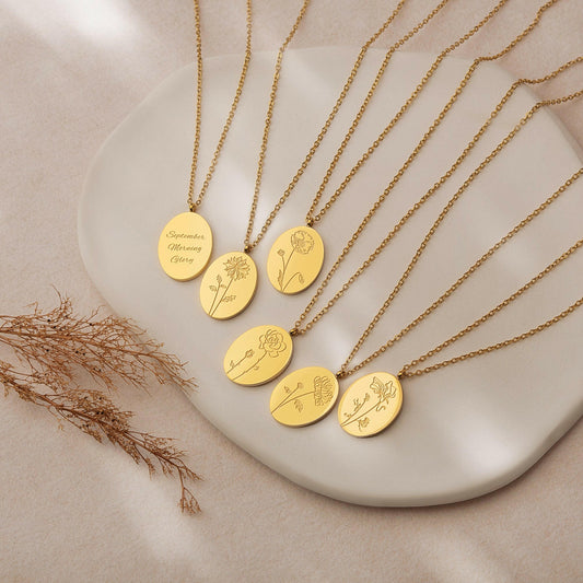 Custom Oval Birth Flower Necklace Birth Flower Jewelry.