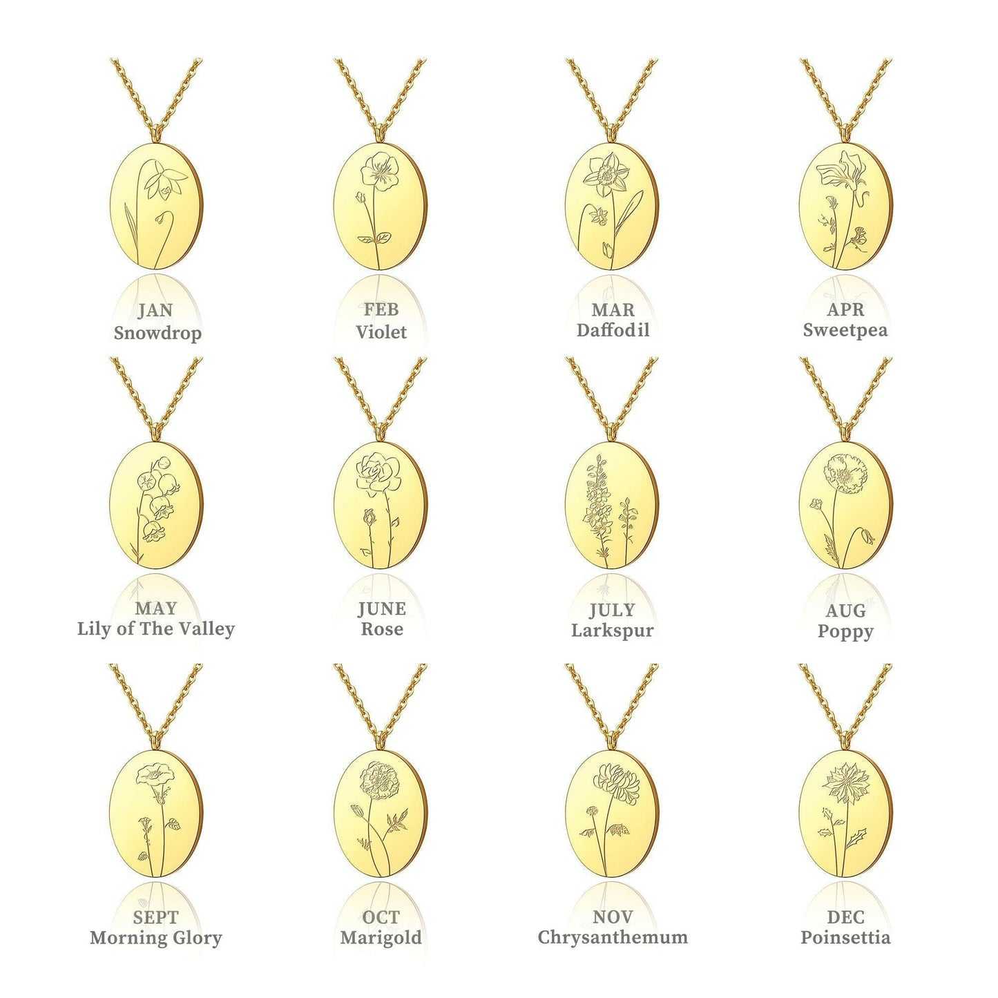 Custom Oval Birth Flower Necklace Birth Flower Jewelry.