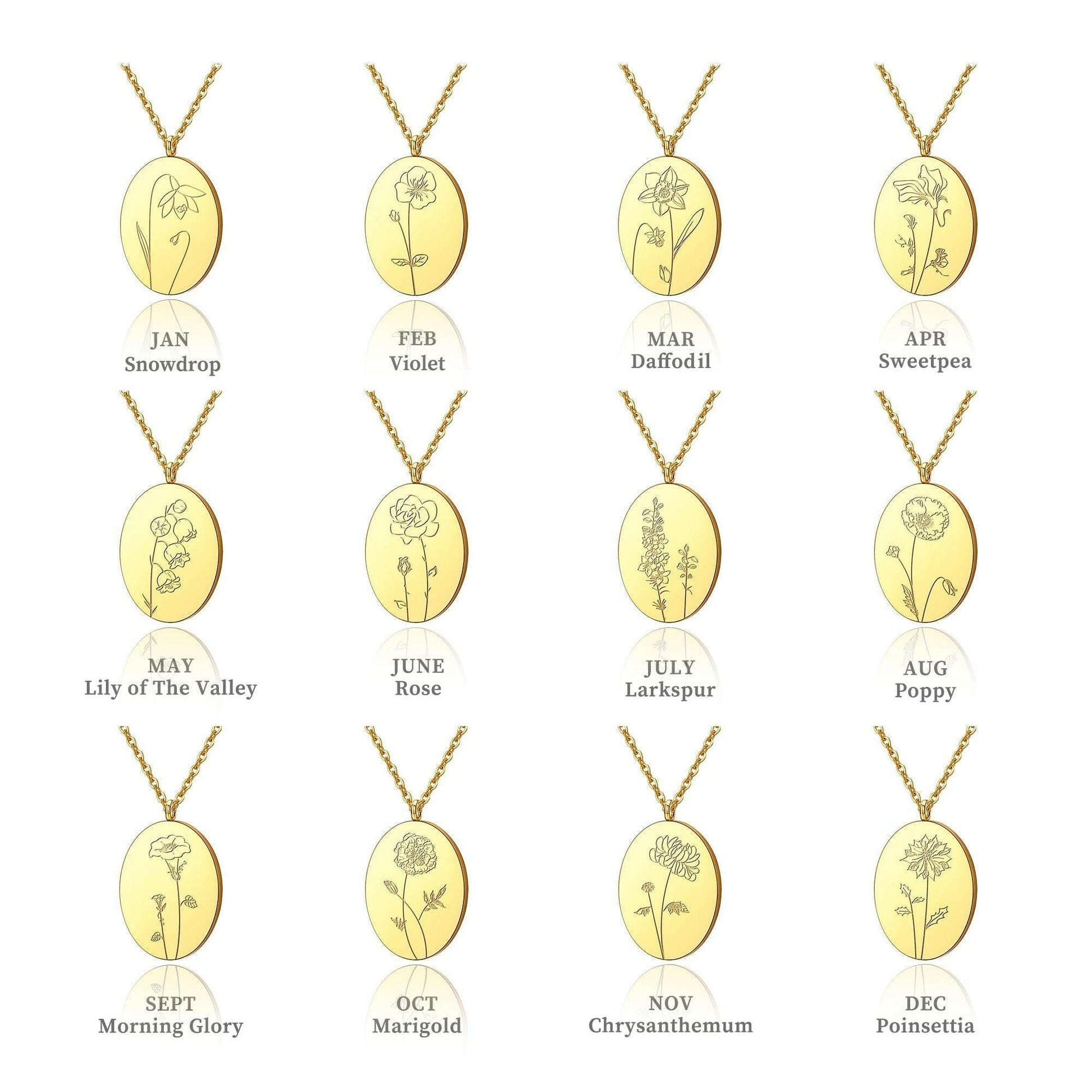 Custom Oval Birth Flower Necklace Birth Flower Jewelry.