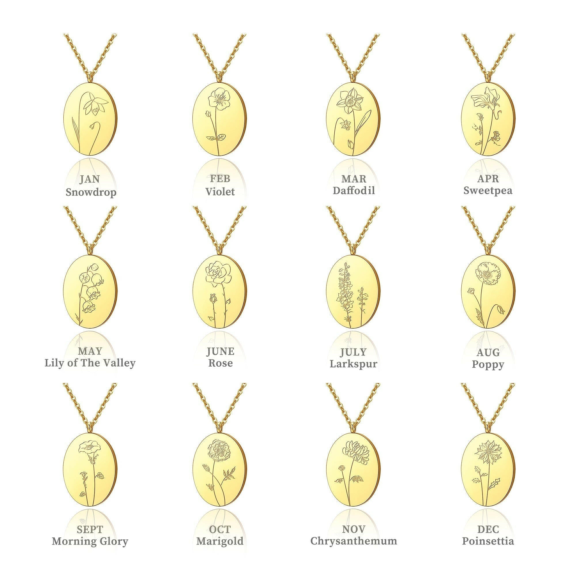 Custom Oval Birth Flower Necklace Birth Flower Jewelry.