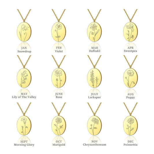 Custom Oval Birth Flower Necklace Birth Flower Jewelry.