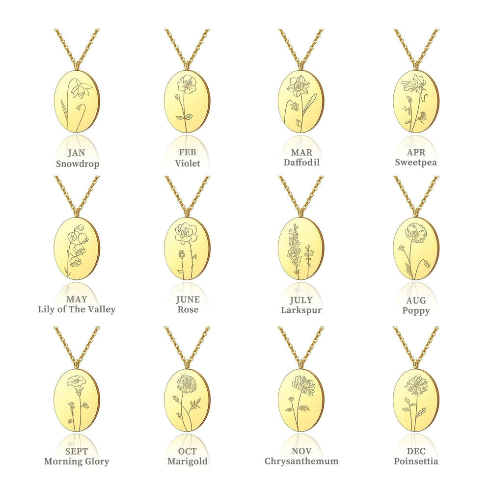 Custom Oval Birth Flower Necklace Birth Flower Jewelry.