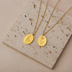 Custom Oval Birth Flower Necklace Birth Flower Jewelry.