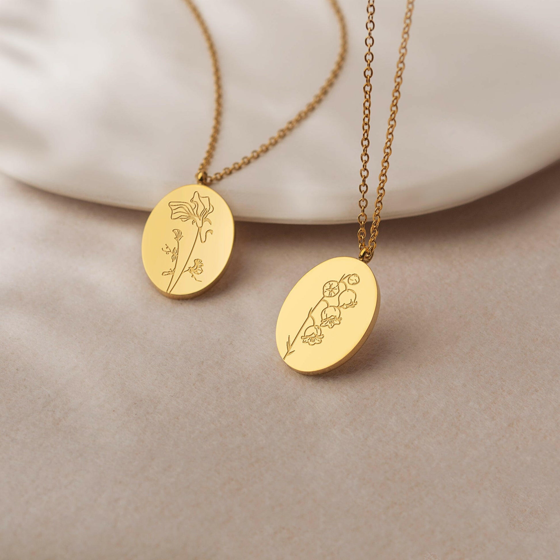 Custom Oval Birth Flower Necklace Birth Flower Jewelry.
