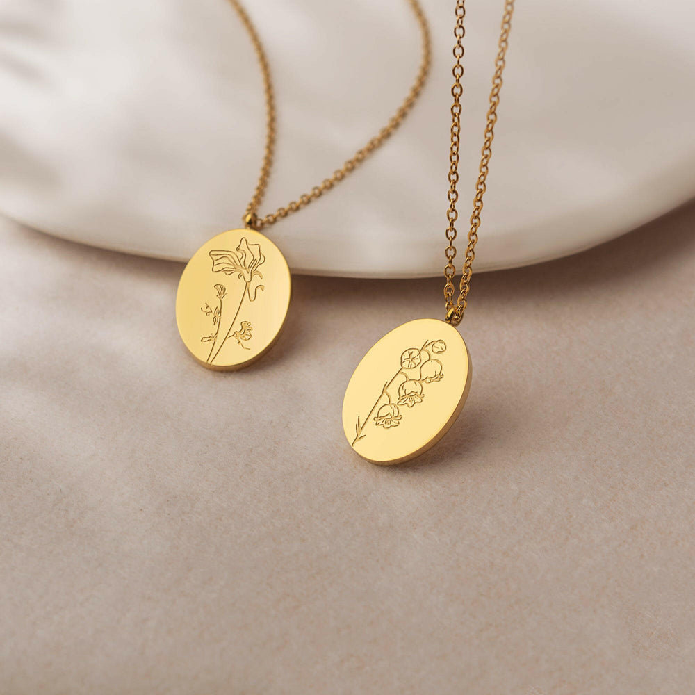 Custom Oval Birth Flower Necklace Birth Flower Jewelry.