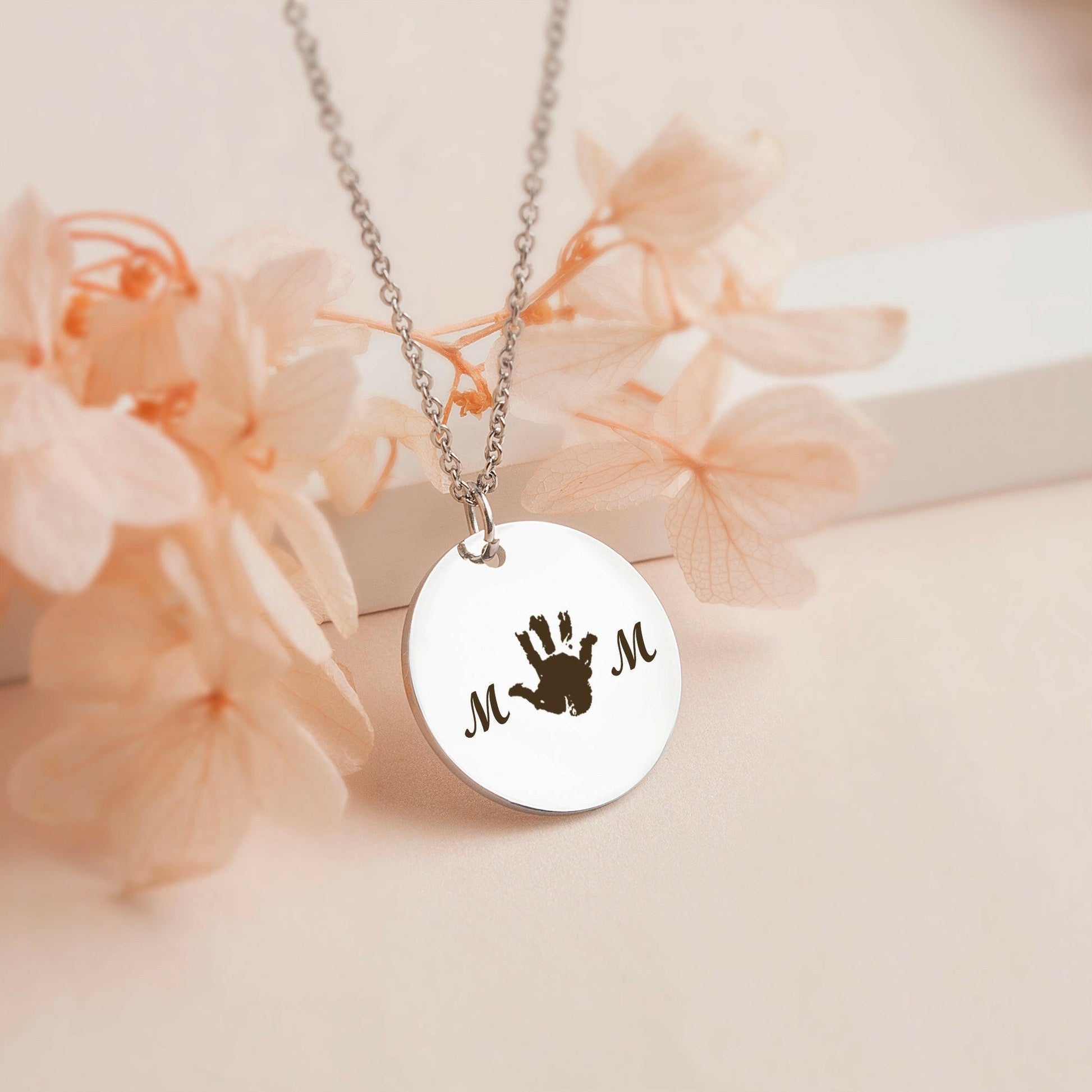 Custom Round Mom Palm Print Necklace Necklace.