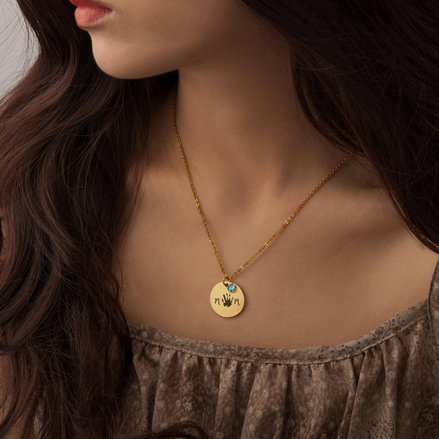 Custom Round Mom Palm Print Necklace Necklace.