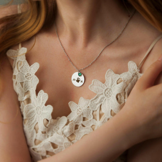 Custom Round Mom Palm Print Necklace Necklace.