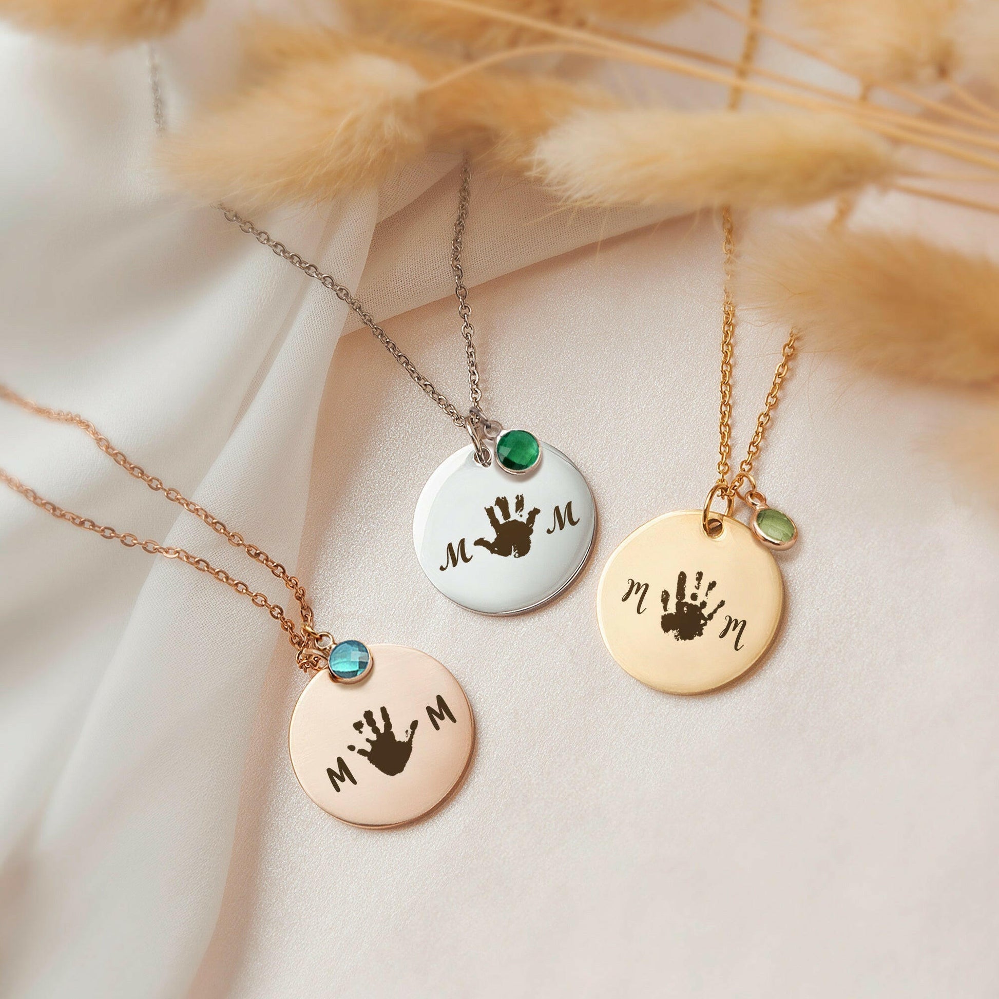 Custom Round Mom Palm Print Necklace Necklace.