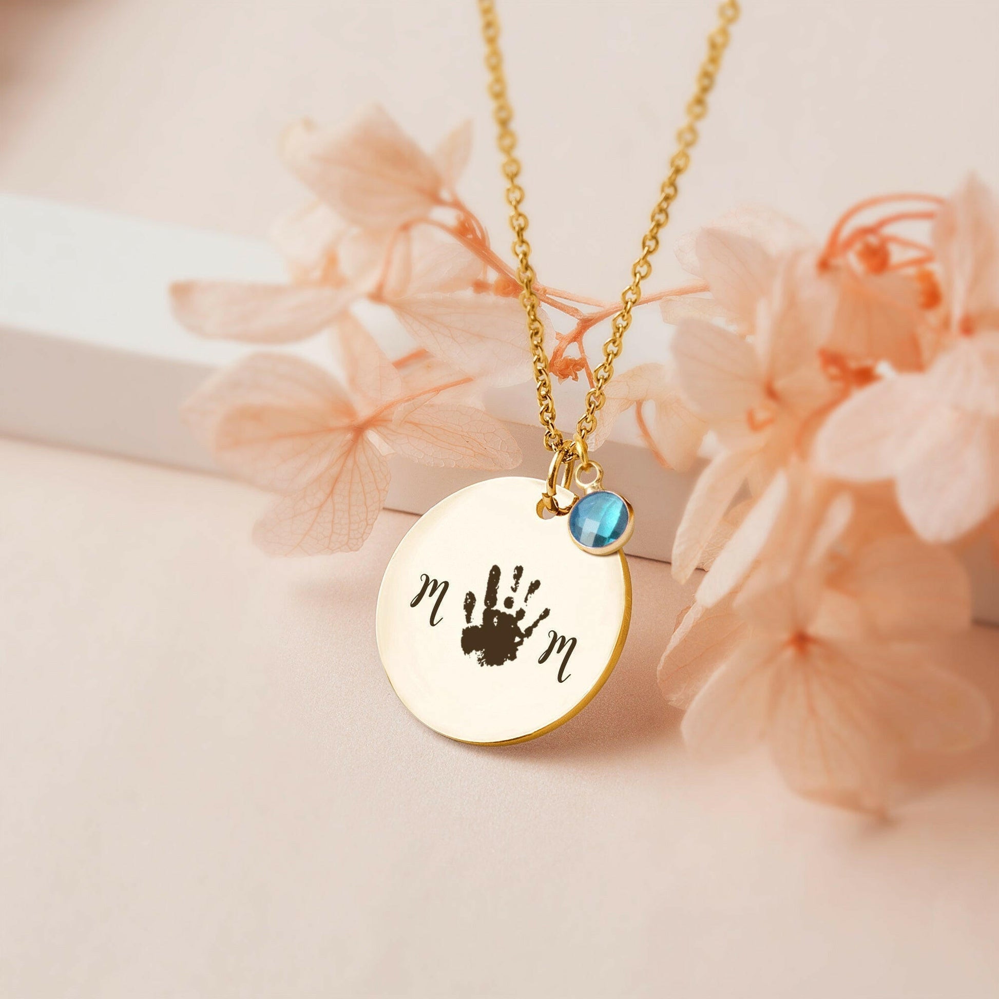 Custom Round Mom Palm Print Necklace Necklace.