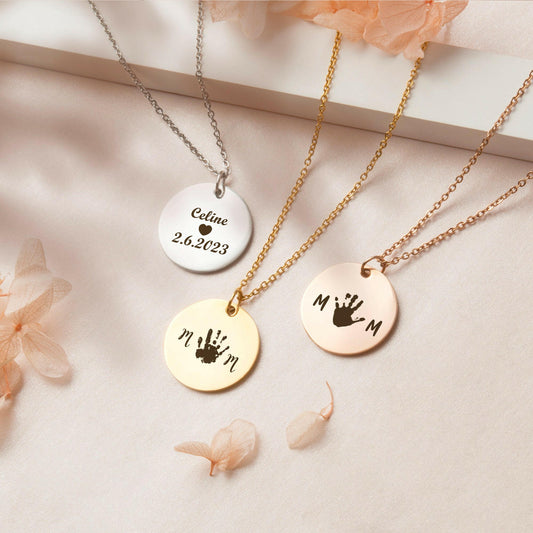 Custom Round Mom Palm Print Necklace Necklace.