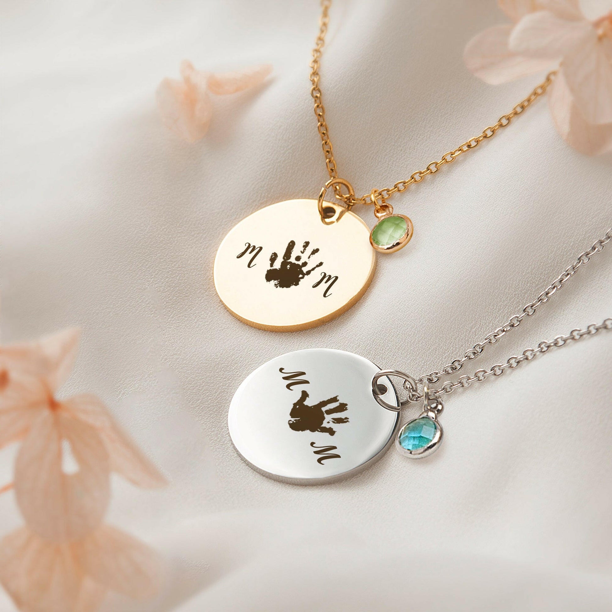Custom Round Mom Palm Print Necklace Necklace.