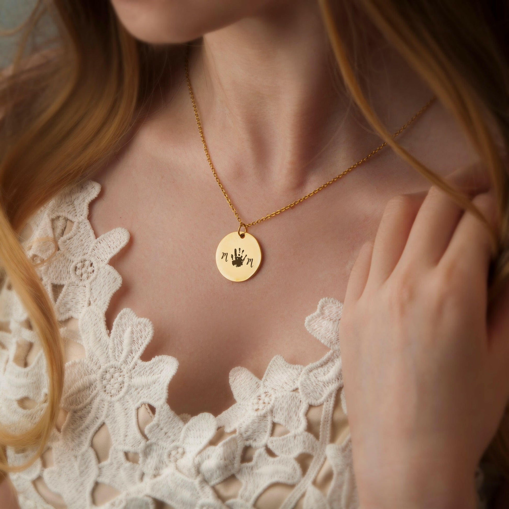 Custom Round Mom Palm Print Necklace Necklace.