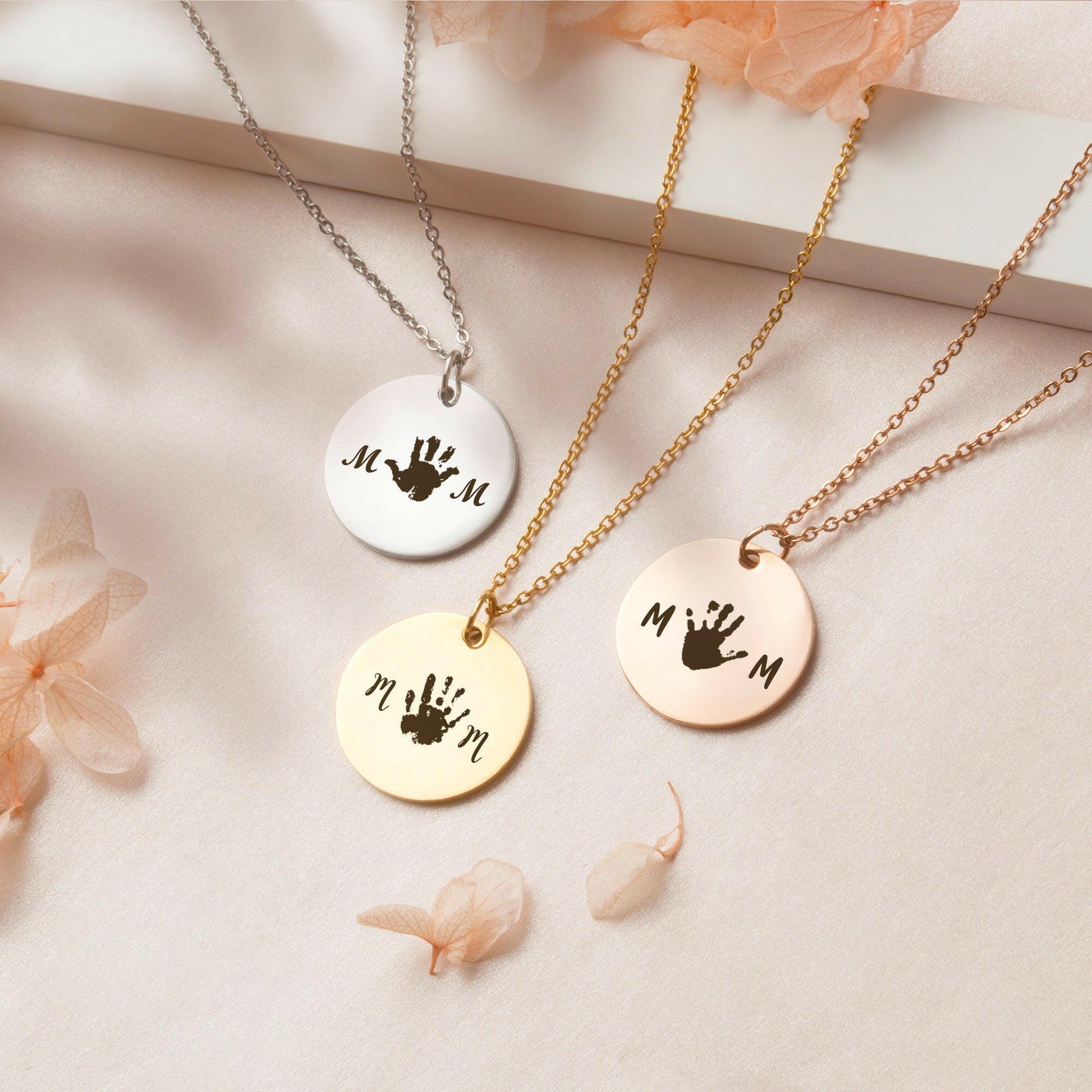 Custom Round Mom Palm Print Necklace Necklace.