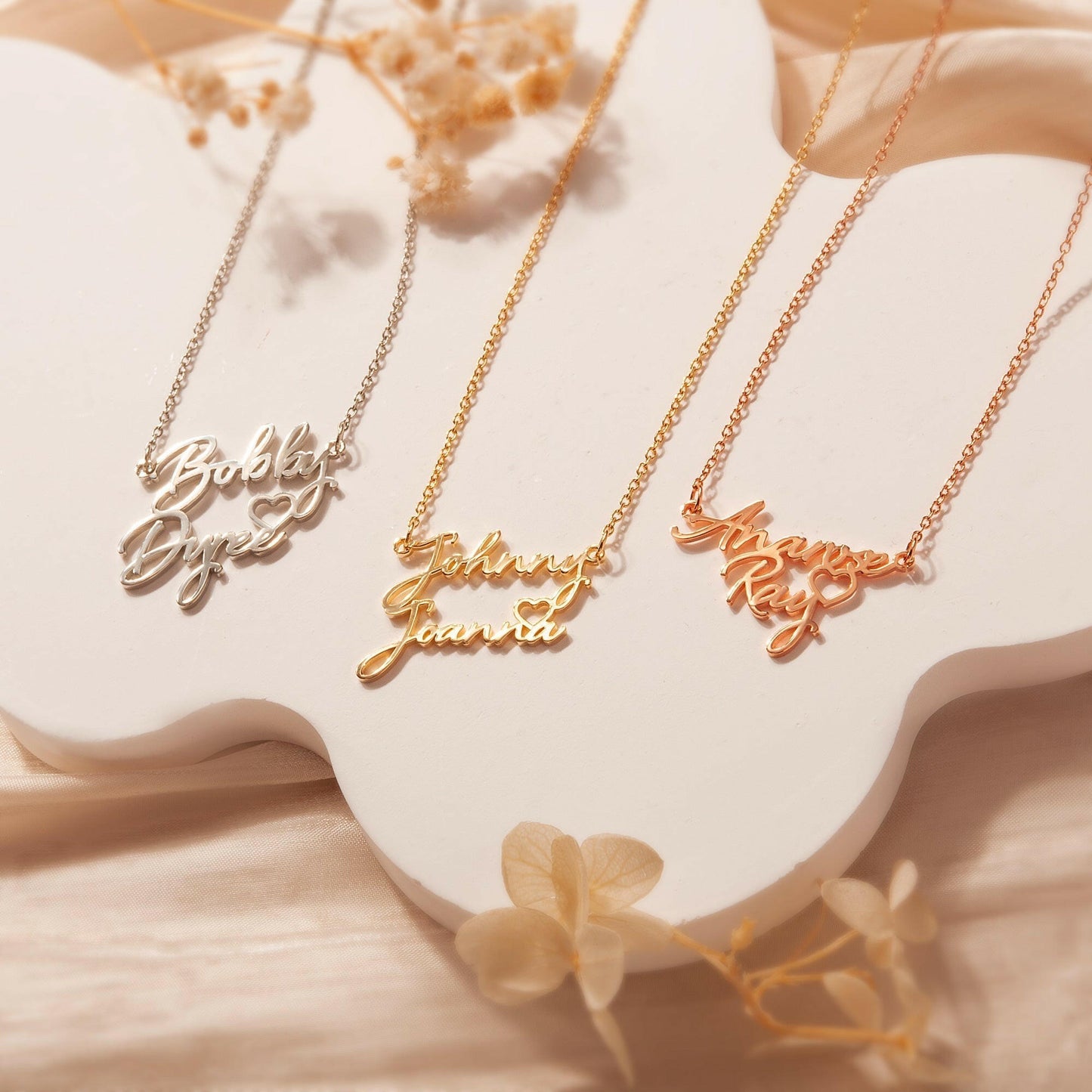 Custom Two Name Necklace With Heart Necklace.