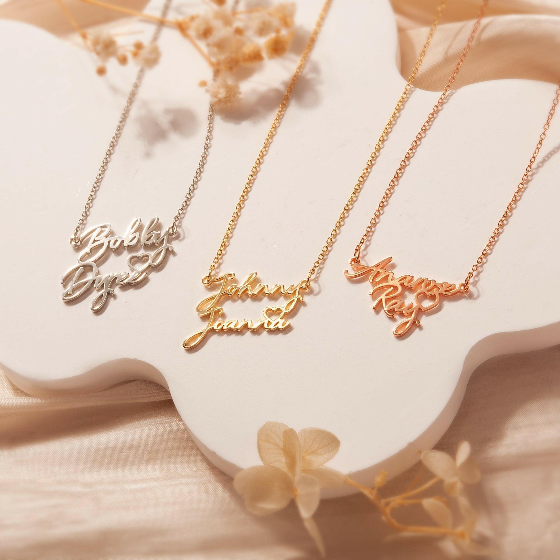 Custom Two Name Necklace With Heart Necklace.