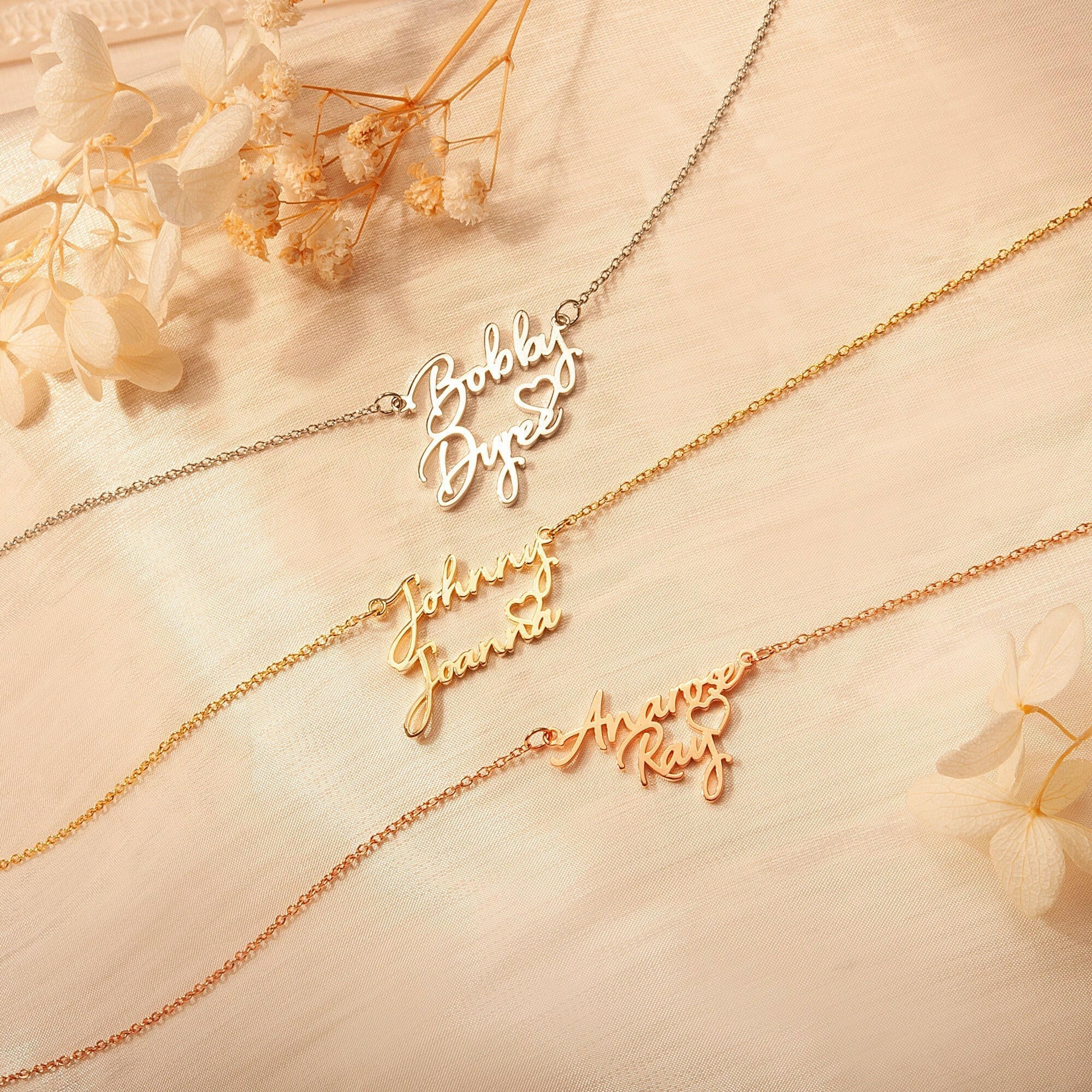 Custom Two Name Necklace With Heart Necklace.