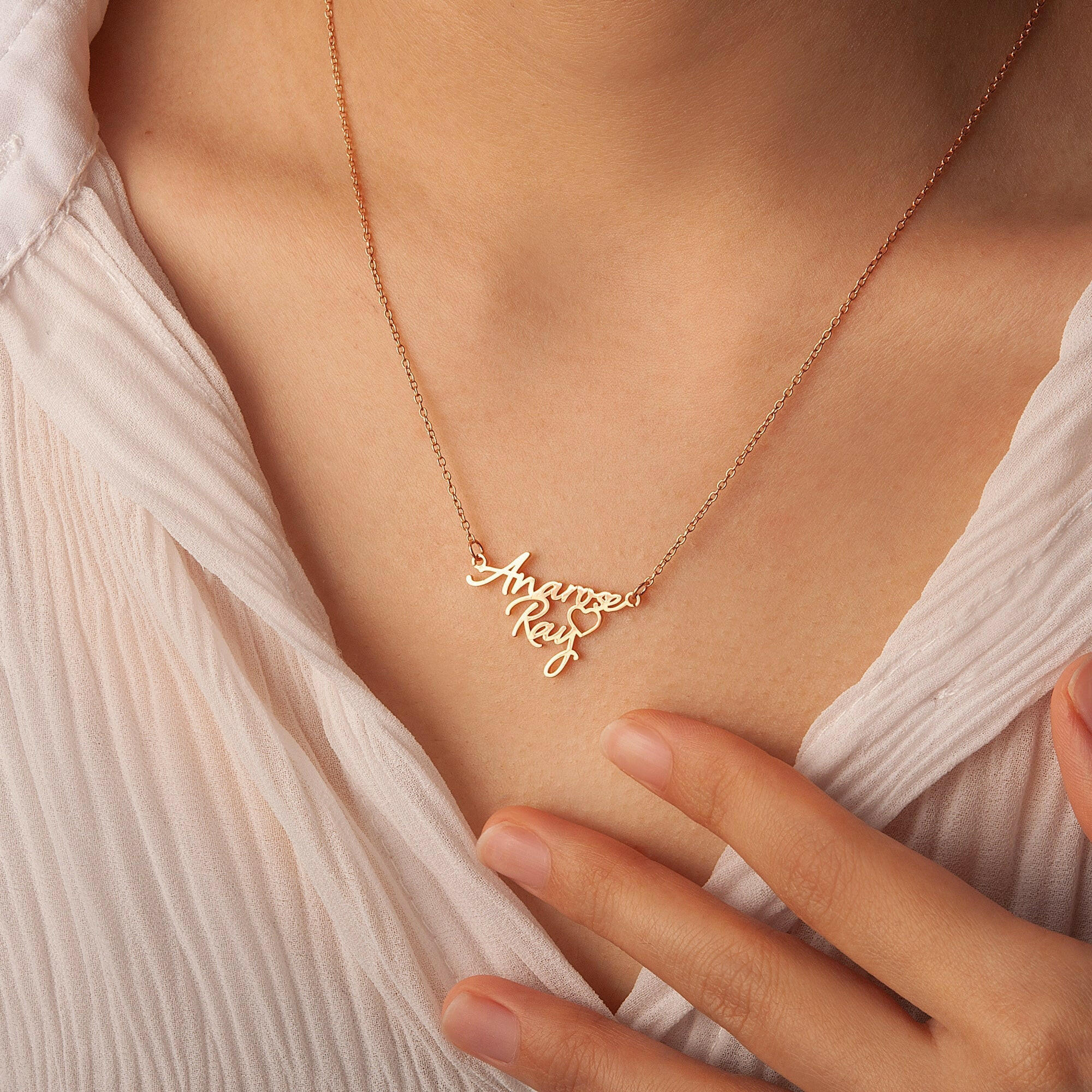 Custom Two Name Necklace With Heart Necklace.