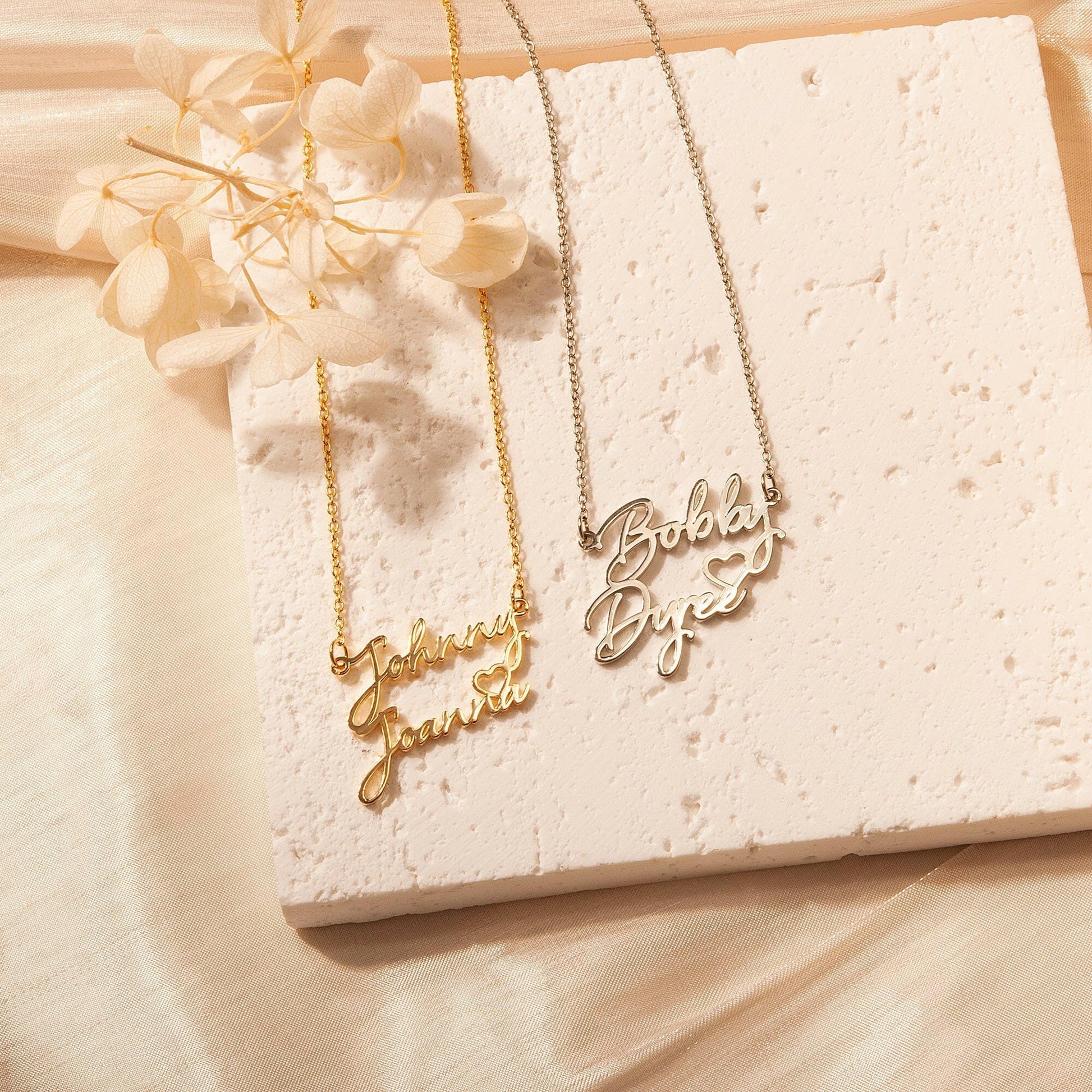 Custom Two Name Necklace With Heart Necklace.