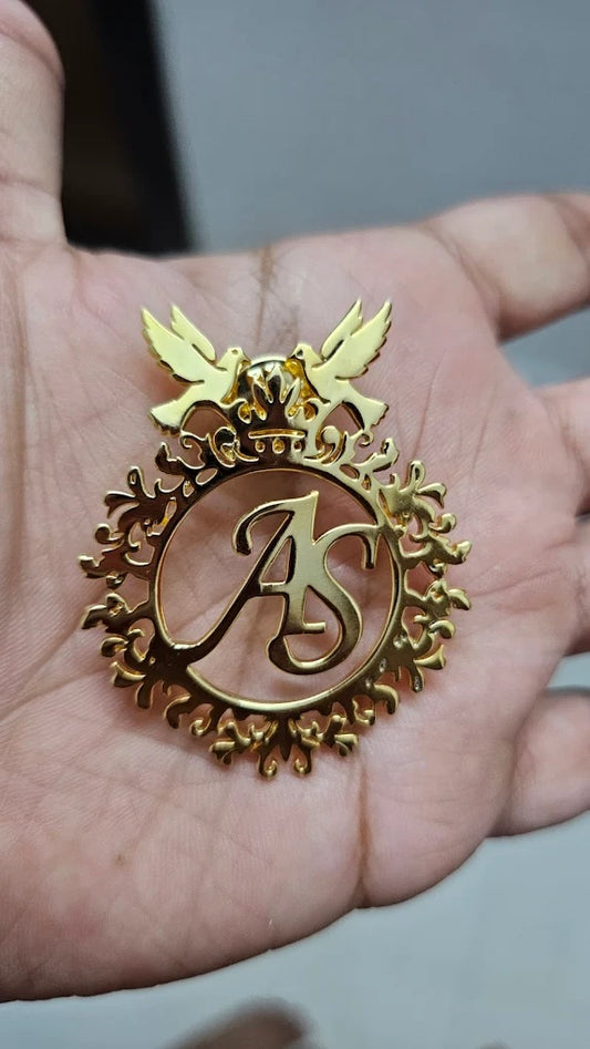 Personalized Gold-Plated Brass AS Monogram Brooch with Bird & Crown Design