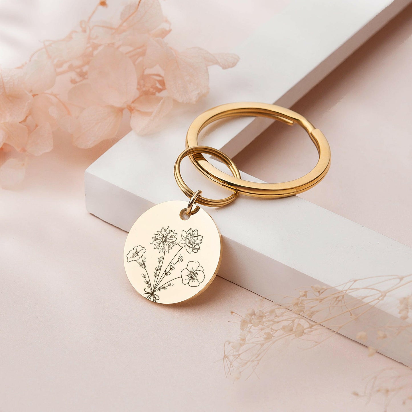 Personalized Floral Bouquet Key Chain Birth Flower Jewelry.