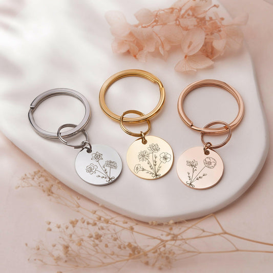 Personalized Floral Bouquet Key Chain Birth Flower Jewelry.