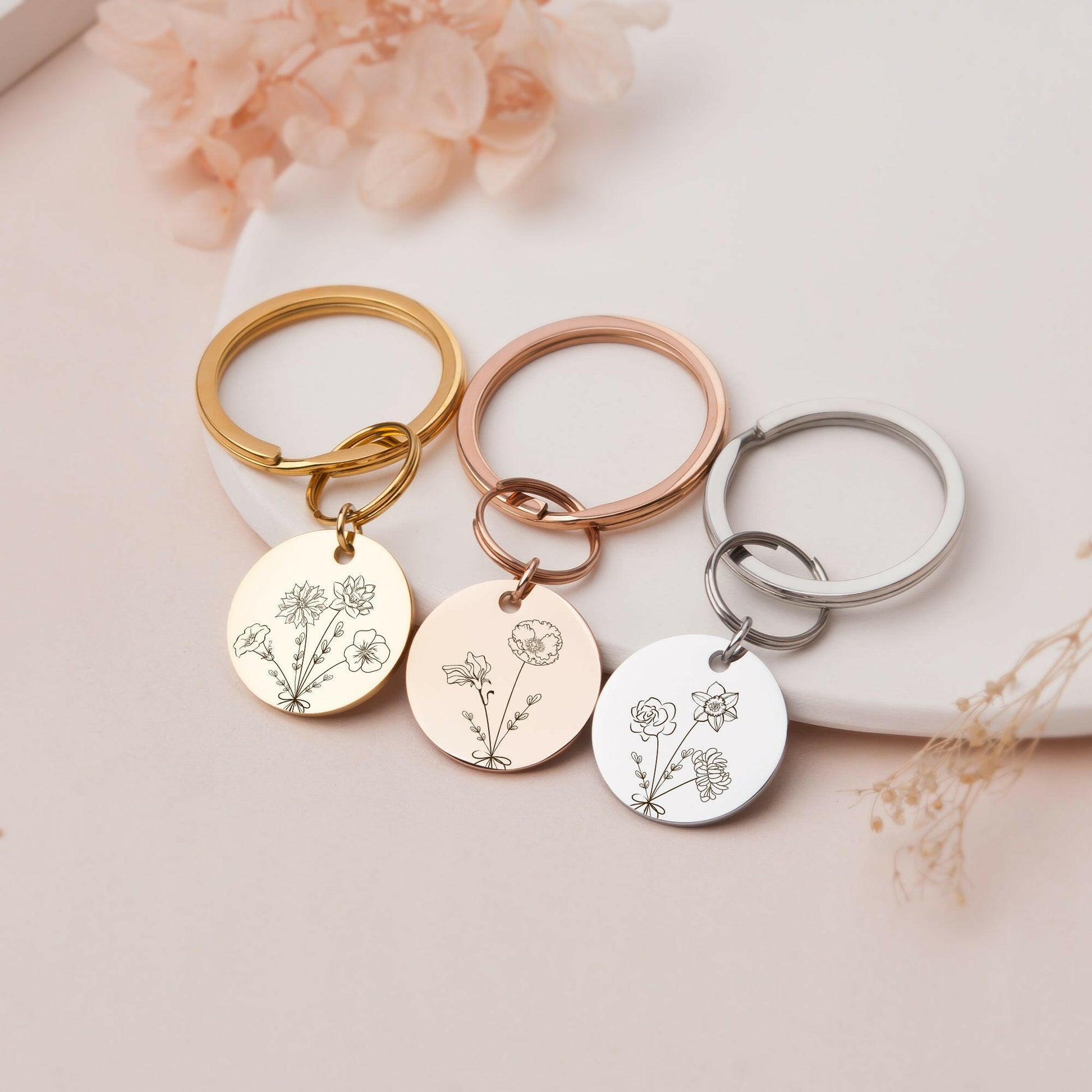 Personalized Floral Bouquet Key Chain Birth Flower Jewelry.