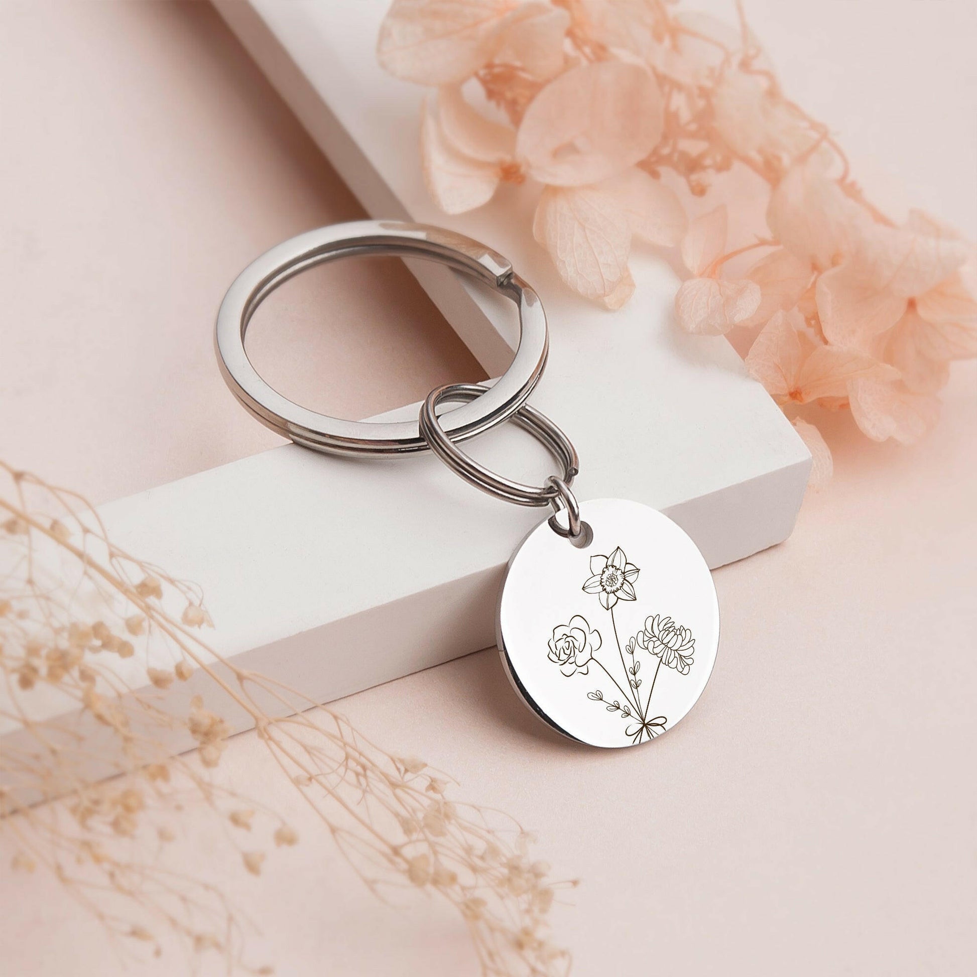 Personalized Floral Bouquet Key Chain Birth Flower Jewelry.