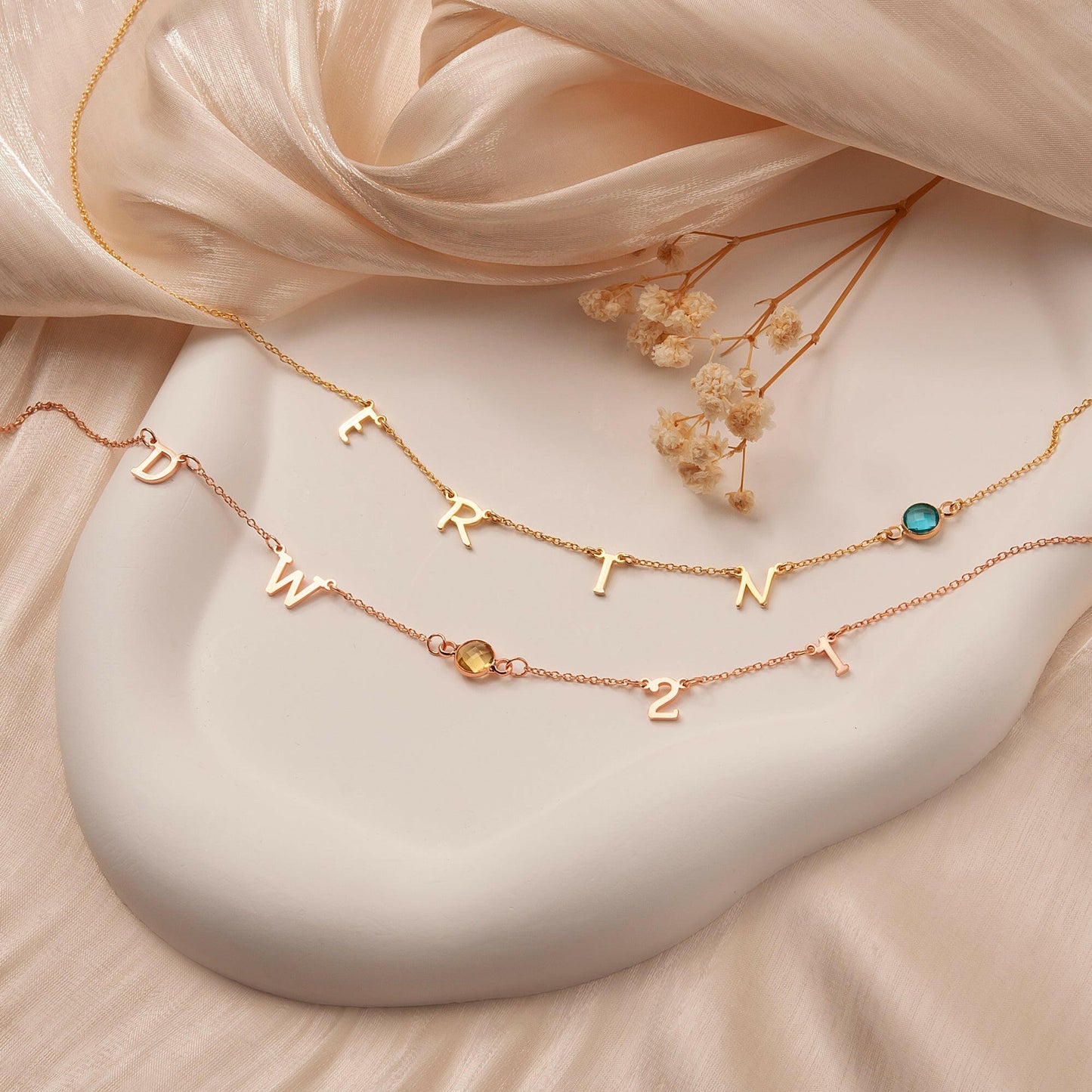 Personalized Horizontal Charms and Birthstone Necklace Necklace.