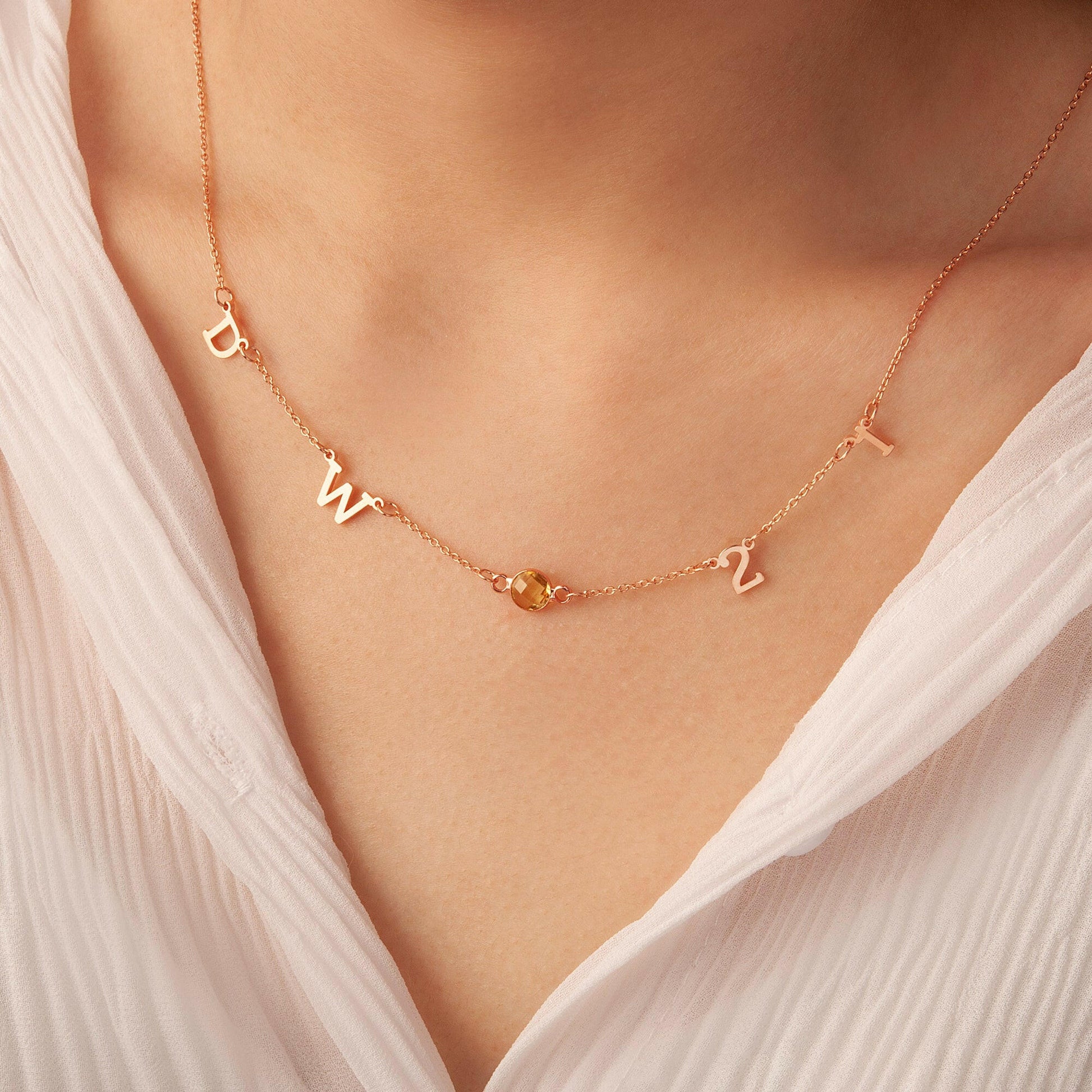 Personalized Horizontal Charms and Birthstone Necklace Necklace.