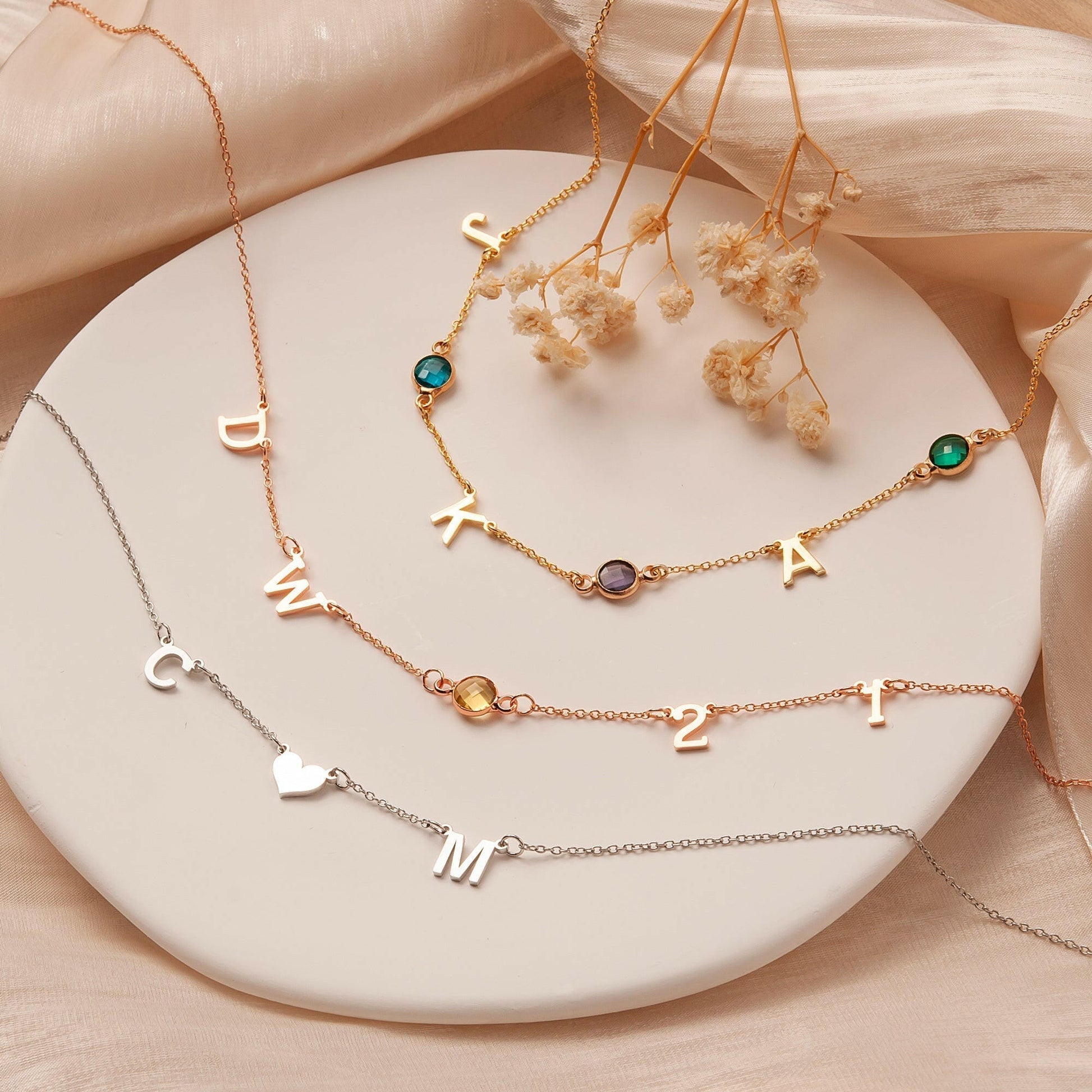 Personalized Horizontal Charms and Birthstone Necklace Necklace.
