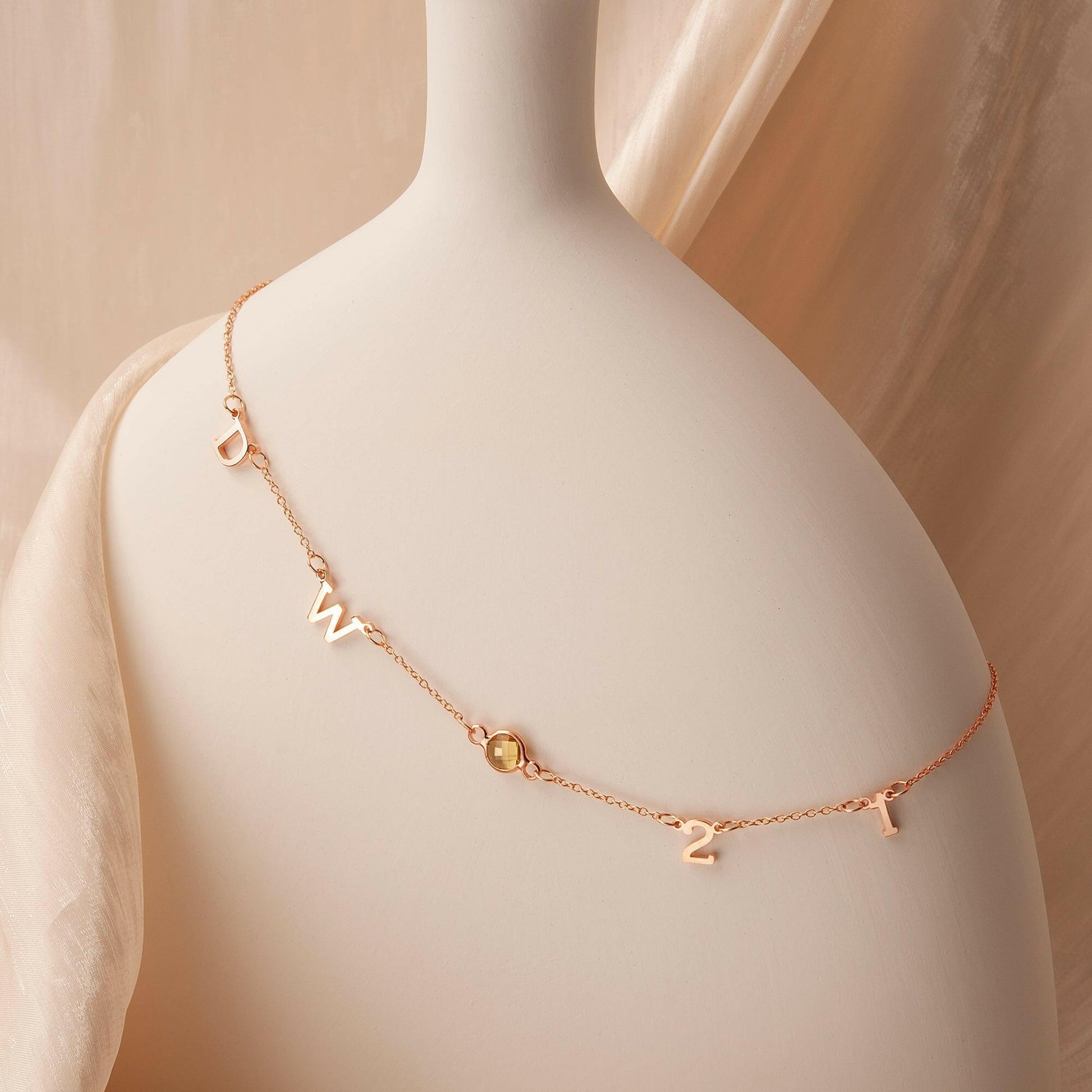 Personalized Horizontal Charms and Birthstone Necklace Necklace.