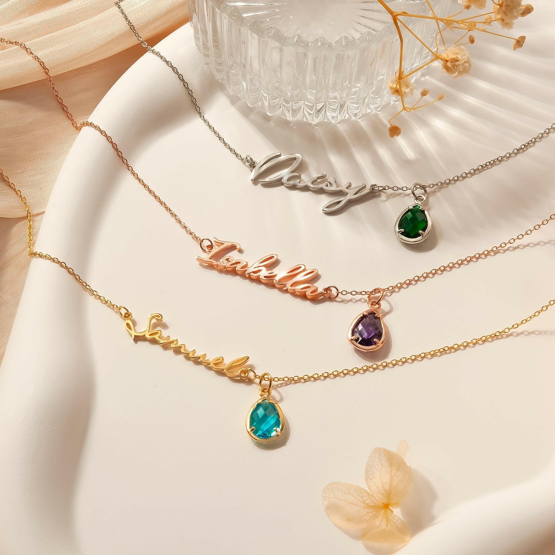 Personalized Name Necklace with Birthstone Charm Necklace.